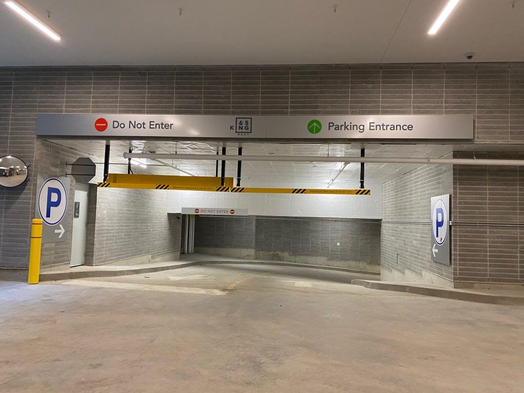 public parking garage entrance and exit